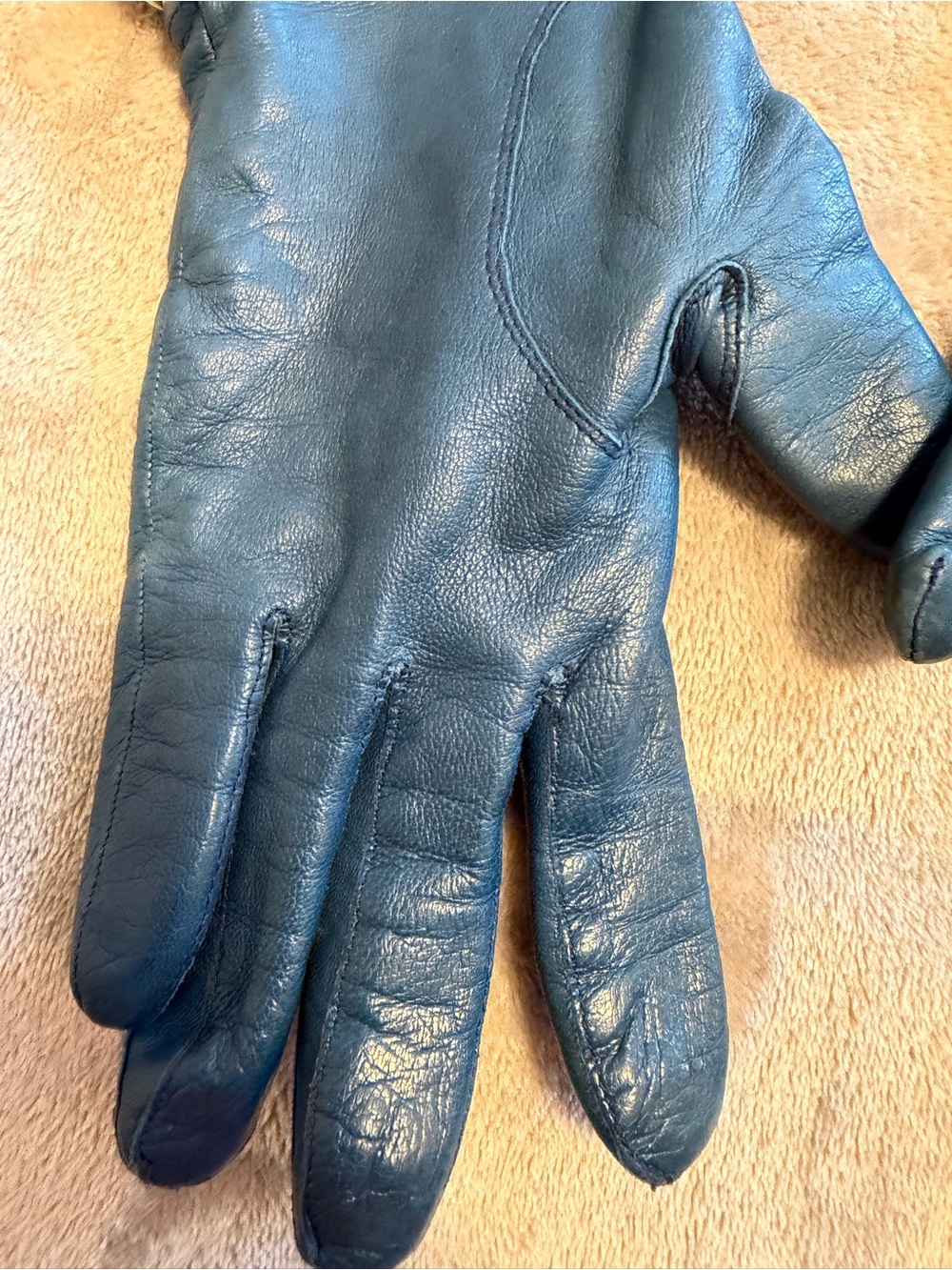 Coach Teal Leather Gloves with Gold Button Details - Picture 7 of 7